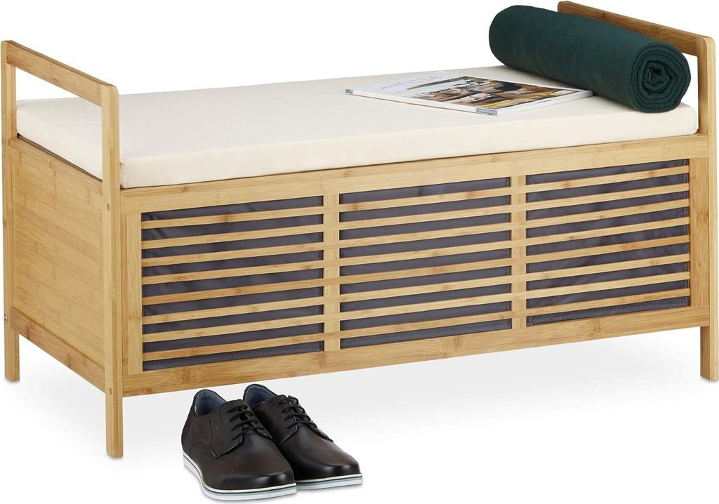 Relaxdays Sitzbank mit Stauraum Aufbewahrungsbox Sitzkissen Flur Bambus Truhe natur Eleganz