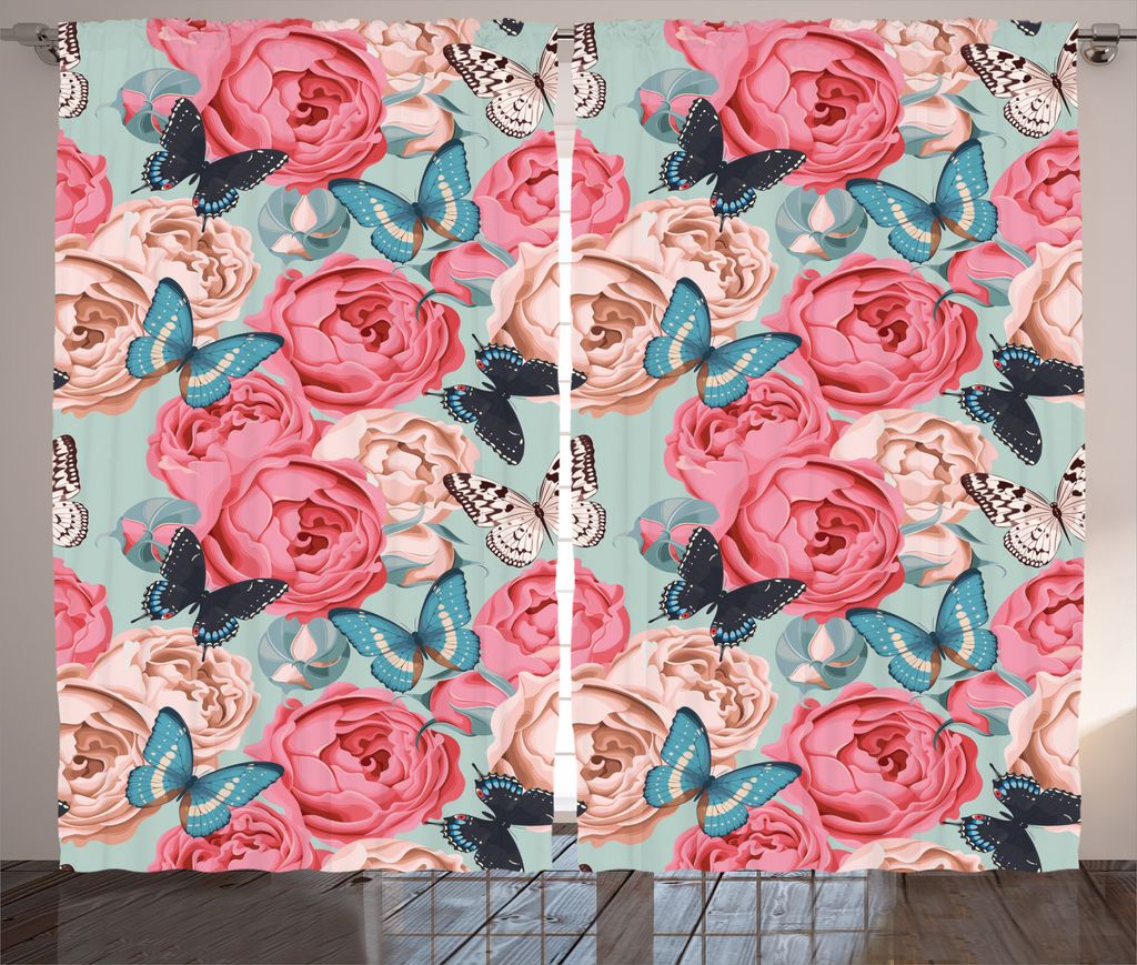 ABAKUHAUS Bunt Rustikaler Gardine, Pfingstrosen-Rose-Schmetterlinge, Schlafzimmer Kräuselband Vorhang mit Schlaufen und Haken, 280 x 225 cm, Mehrf...