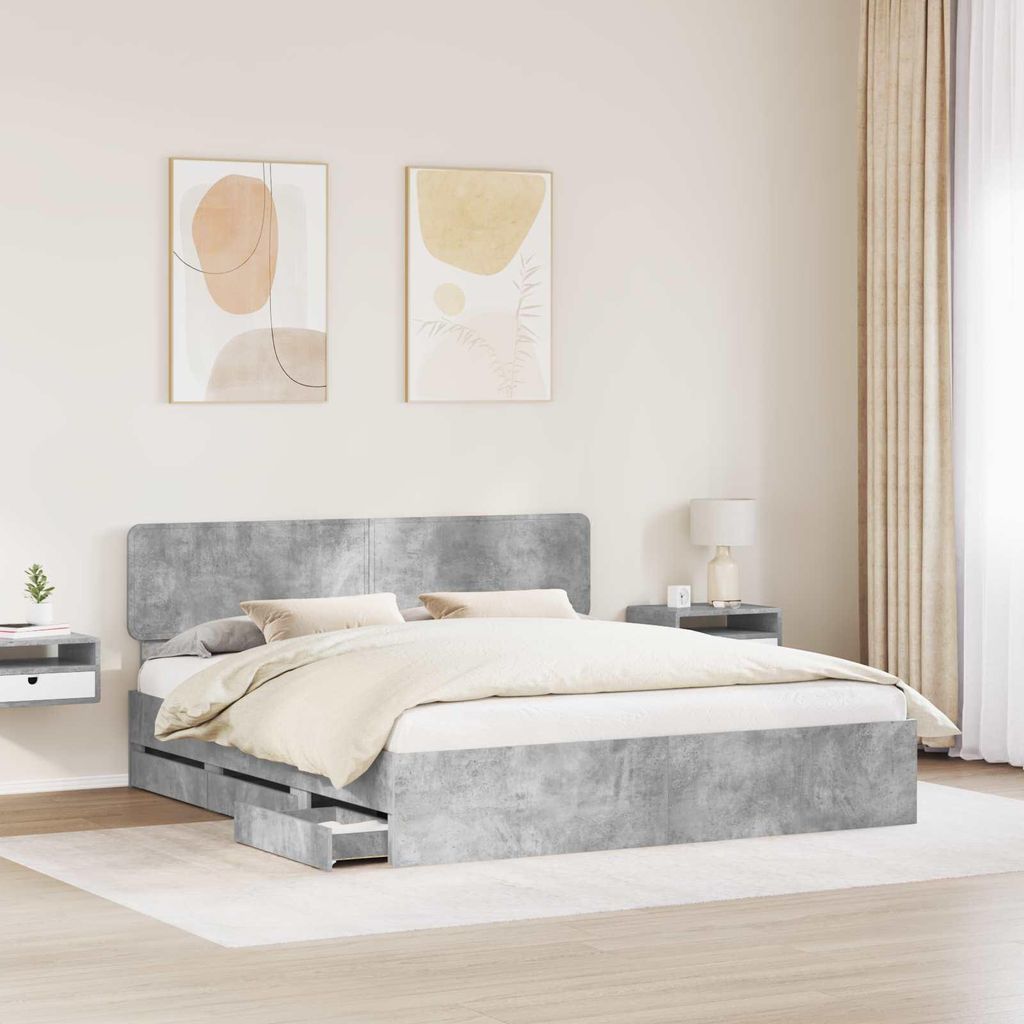 Cloris Designermöbel Bettrahmen mit Kopfteil Beton Grau 200 x 200cm Ingenieurs Holz - 2026Neu673732 - Klassische BettenJugendbett Tagesbett
