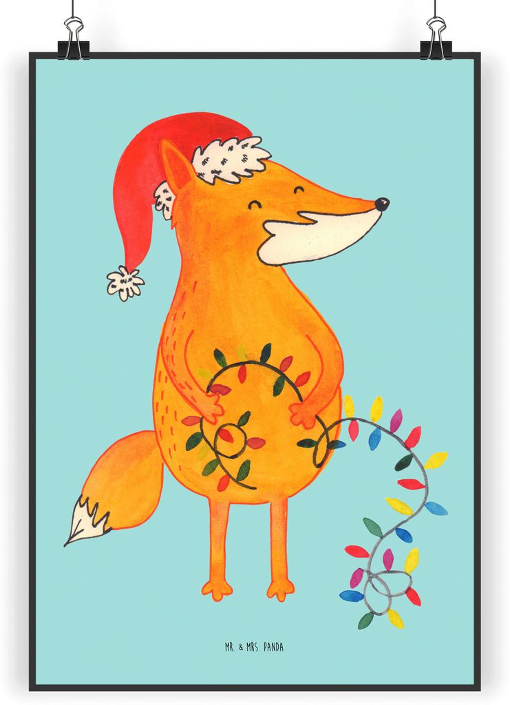 Mr. & Mrs. Panda Bild Fuchs Weihnachten DIN A3 - Türkis Pastell - Geschenk, wanddeko, Wanddekoration, wandkunst, drucke, Weihnachtsmann, Nikolaus,...