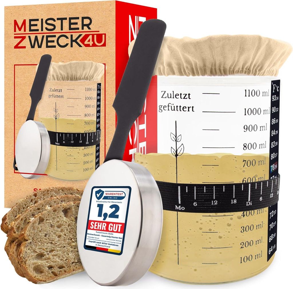MEISTERZWECK4U Sauerteig Starter Set, 1100ml Gärglas - Sauerteig Glas Behälter zum Brot backen - mit Stoffabdeckung, Thermometer, Fütterungsband...