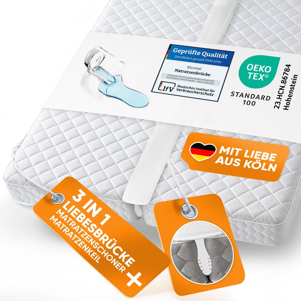 Blumtal Set Liebesbrücke für Matratzen + Matratzenkeil bis 240 cm Gesamtbreite - wasserdichter Matratzenverbinder mit Spanngurten 90 cm Länge + ...
