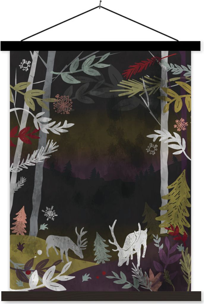 MuchoWow Textilposter Eine Illustration eines nächtlichen Waldes 90x120 cm mit schwarzem Rahmen - Dekoration