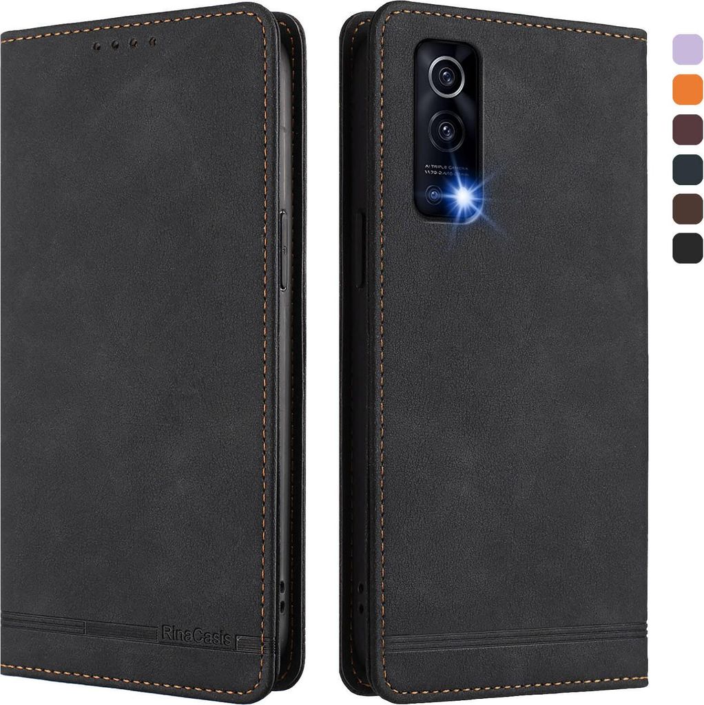 Hülle für Vivo Y72 5G, Retro Kunstleder Ständer Klapphülle mit Kartenfächer und Magnetische Schwarz