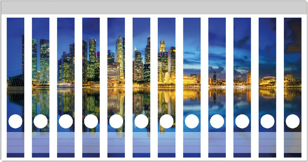 Wallario Ordnerrücken Sticker, selbstklebend für schmale Ordner, 12 Stück, Motiv Skyline von Singapur in der Abenddämmerung