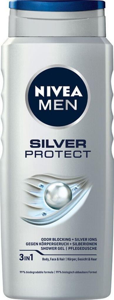 A Nivea Men Silver Protect shower gel bottle against a white background.