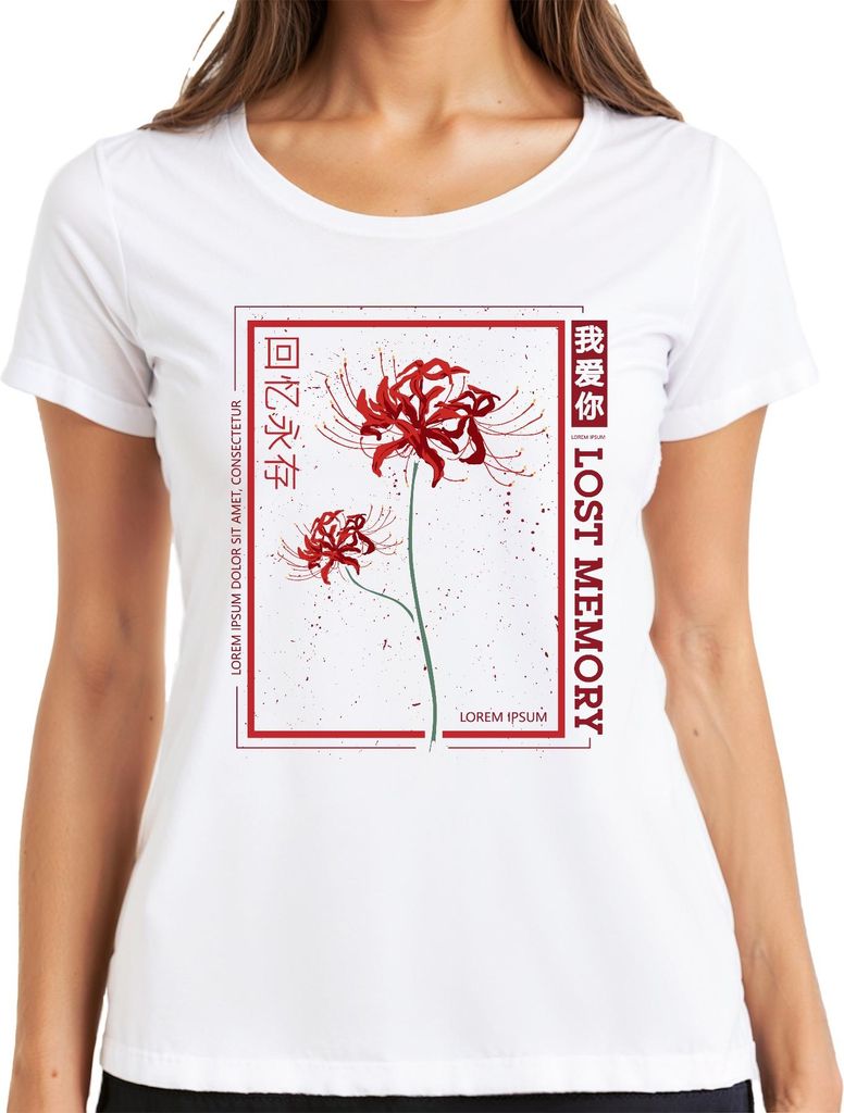 LOST MEMORY Rote Spinnenlilie Higanbana japanisch Streetwear Damen T-Shirt, Weiß, 3XL