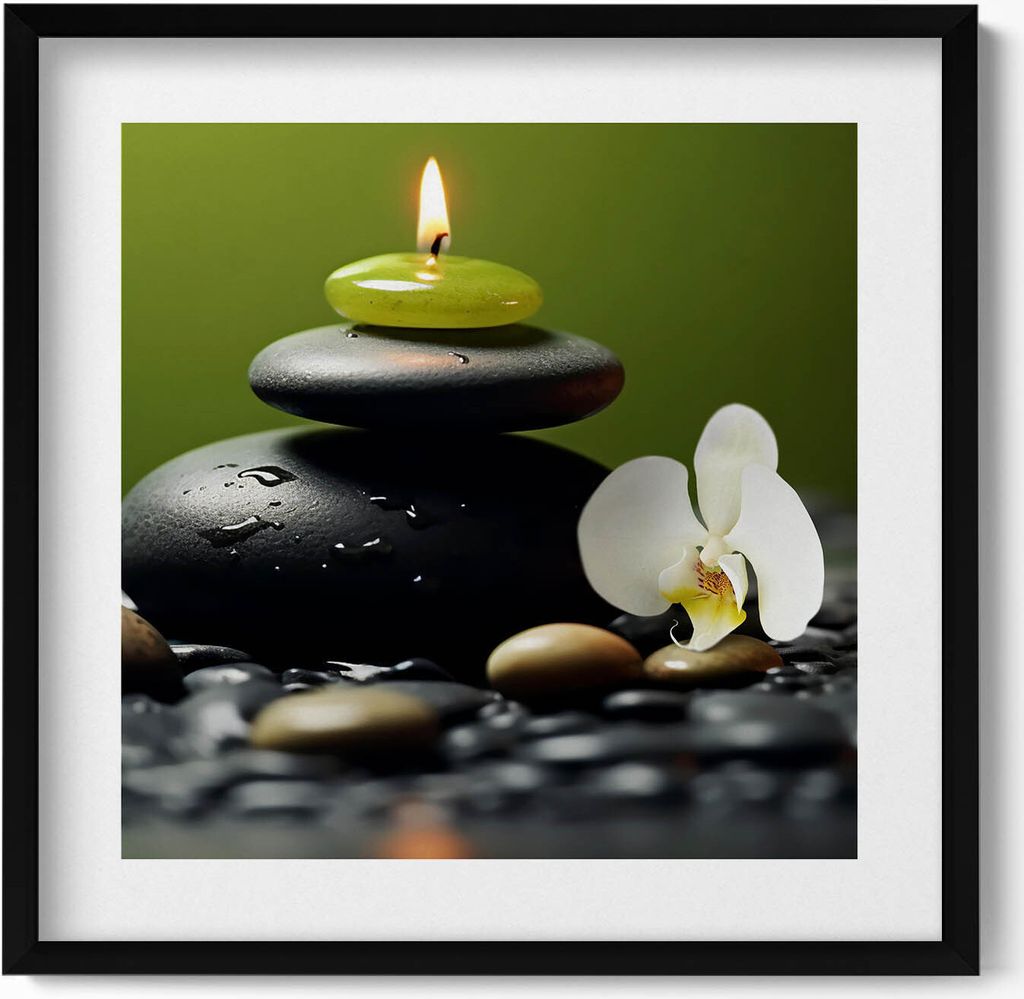 Zen-Entspannung Natur und Steine– Wandbild mit Rahmen – Gerahmtes Bild – Wanddekoration – 50x50 cm – Schwarz Rahmen