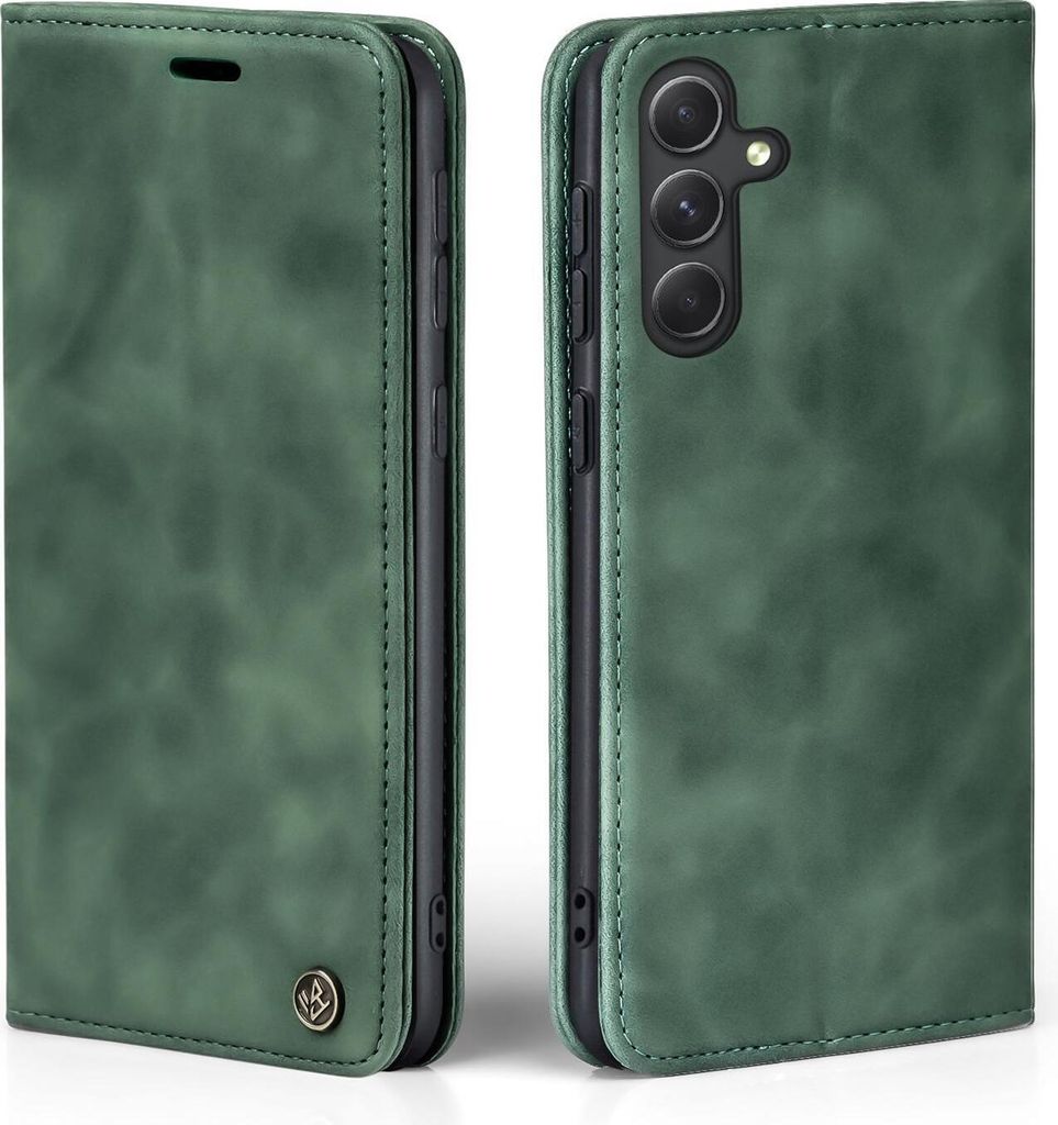 A green flip case for a Samsung Galaxy A55 5G phone is shown from two angles.