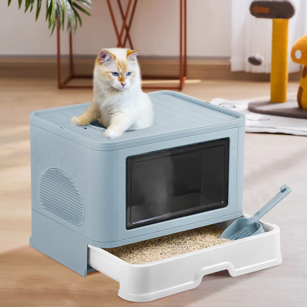 Katzenklo mit Deckel,geschlossene Katzentoilette,Fronteinstieg und Ausgang oben,Katzentoilette mit Fellpflegebürste 48,5x36,5x38cm Blau