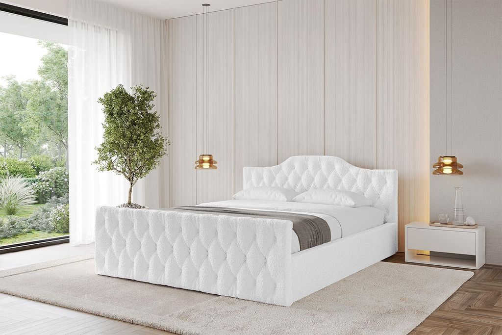 ALTDECOR Polsterbett mit Bettkasten - FALIO-Z-v1 - 140x200 Weiß - Bett mit Matratze H3/H4, Kopfteil und Fußteil, Boxbett, Doppelbett mit Stauraum