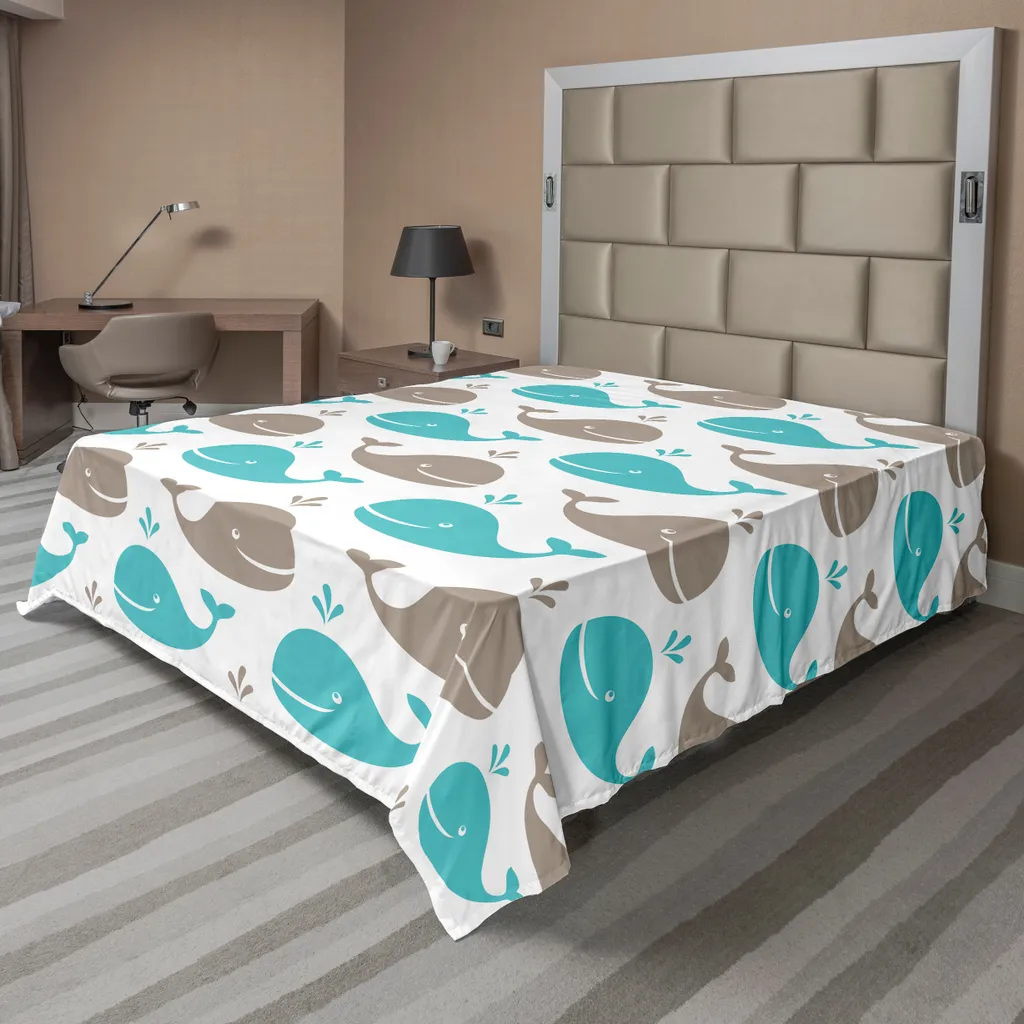 Drap plat doux en microfibre motif baleine souriante turquoise 260cm