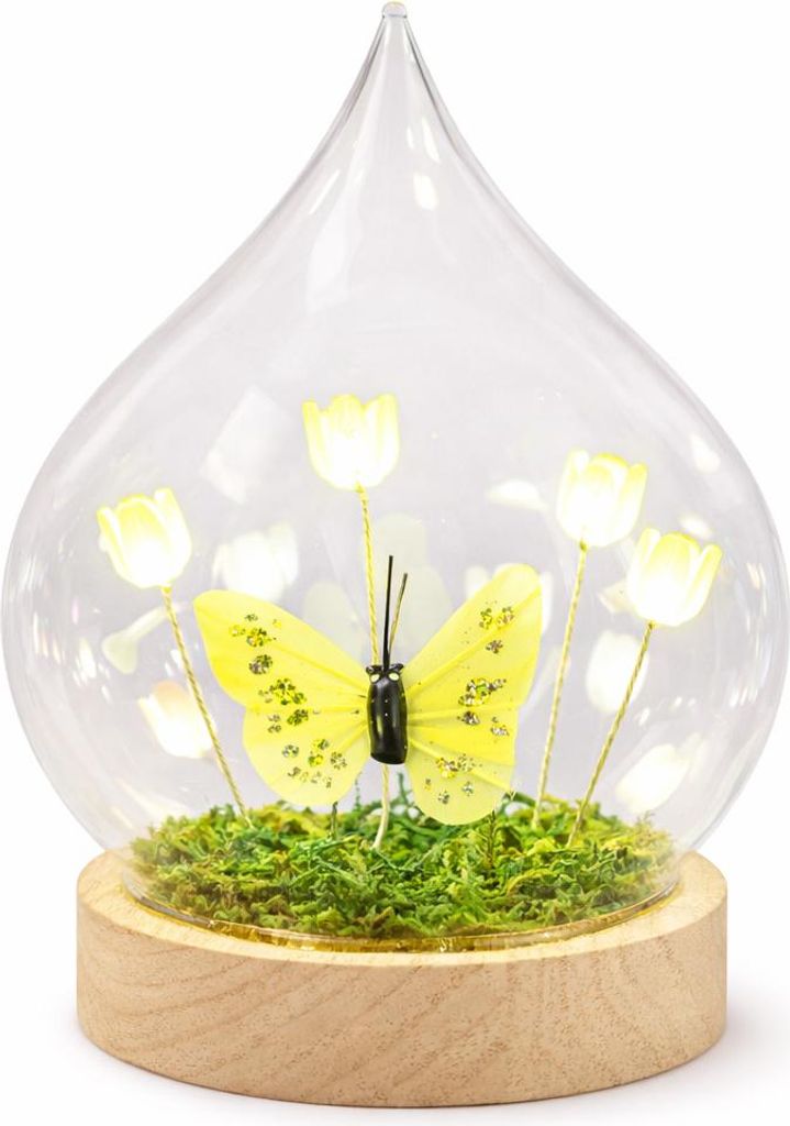 formano LED Deko Tropfen Blumen Schmetterling mit Holzsockel und Timer 17 cm
