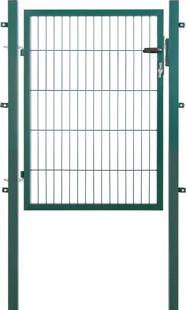 A green metal garden gate with a lock mechanism, shown in isolation against a white background.
