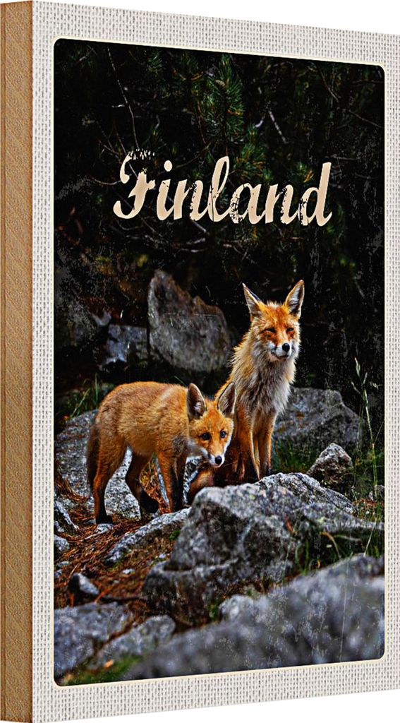 Holzschild Reise 20x30cm Finnland Füchse Wald Tiere Natur