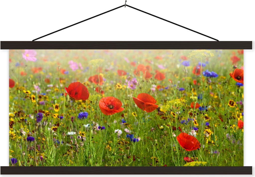 MuchoWow Textilposter Frühling - Blumen - Rot - Mohn - Gras - Grün 90x45 cm mit schwarzem Rahmen - Klemmleisten