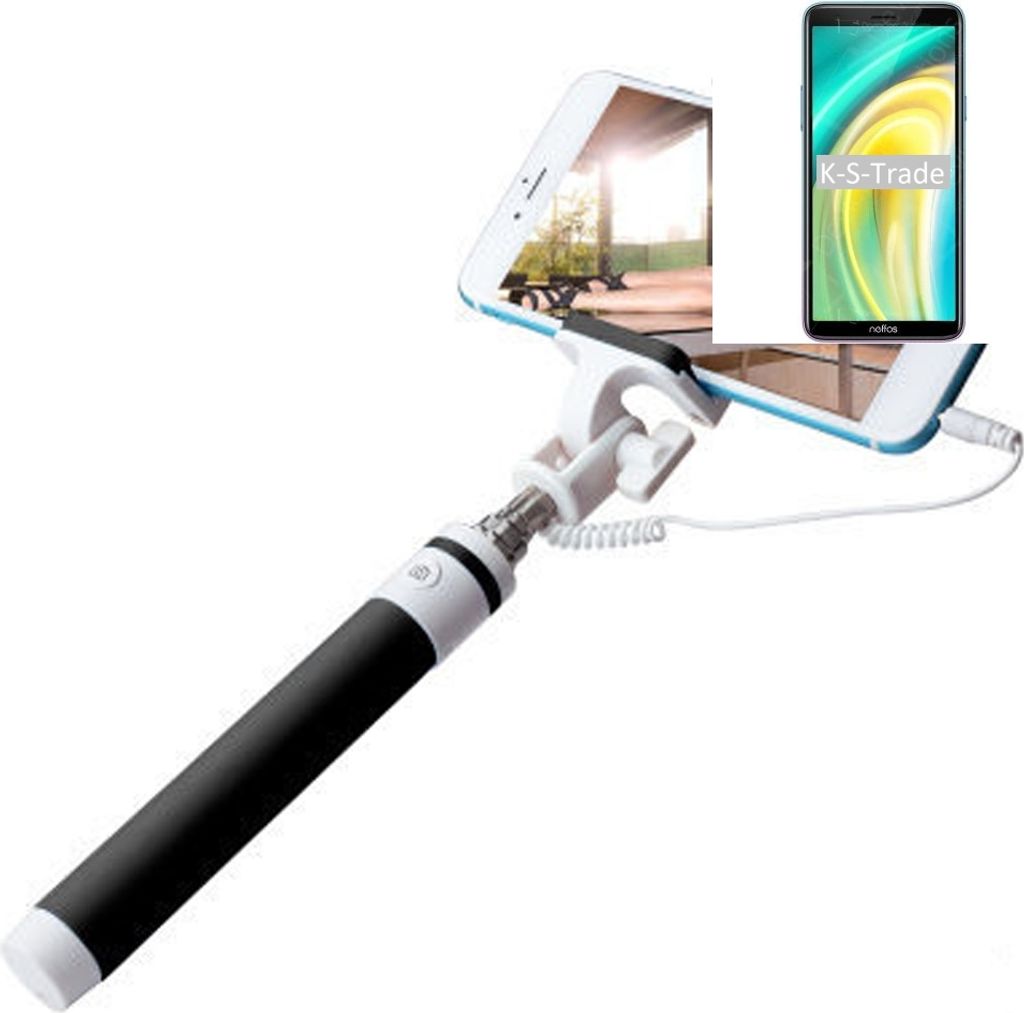 K-S-Trade Selfie Stick kompatibel mit TP-LINK Neffos A5 Selfiestick kabelgebunden Monopod mit Kabel Stab Stange Selfportrait Handheldstick schwarz 1x