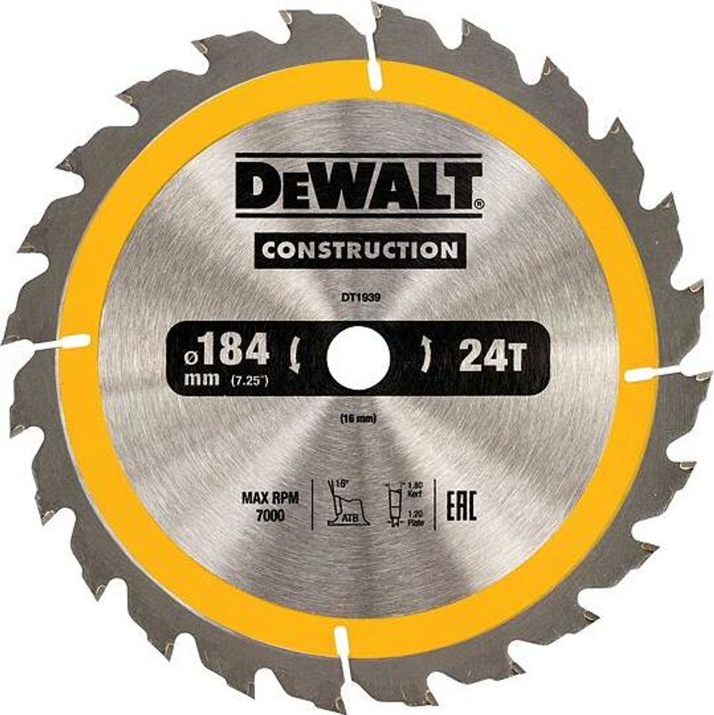 A circular saw blade with brand and specification details printed on it.