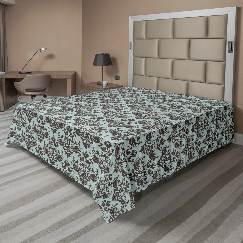 Drap de dessus décoratif en tissu damas motif feuilles 275x260 cm bleu