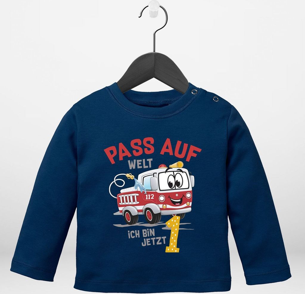 Baby Langarm-Shirt 1.Geburtstag Feuerwehr-Auto Pass auf Welt ich bin jetzt 1 Geburtstagsshirt Baumwolle Junge/Mädchen MoonWorks navy 92/98 (16-2...
