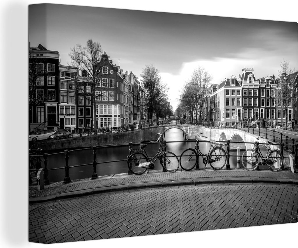 OneMillionCanvasses - Leinwandbilder - 150x100 cm, Die Keizersgracht in Amsterdam im Herbst - schwarz und weiß, Wandbilder Kunstdruck Wanddekora...
