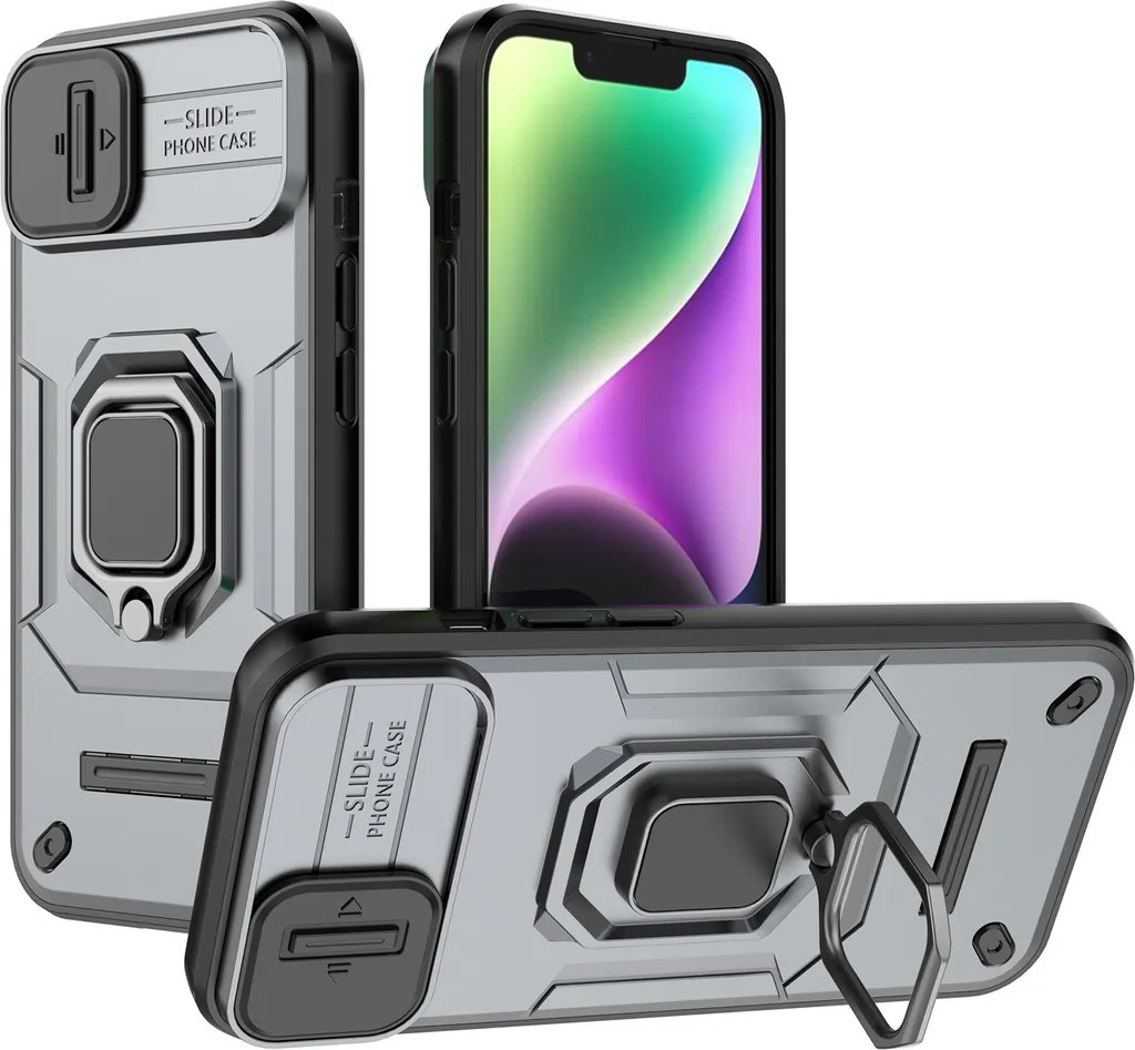 Cover iPhone 15 Antiurto Grigio - Supporto Anello e Copri-Lente