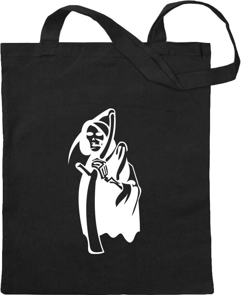 Kiwistar - Baumwolltasche - schwarz - Sensenmann - Tragetasche Stoffbeutel Umhängetasche Langer Henkel