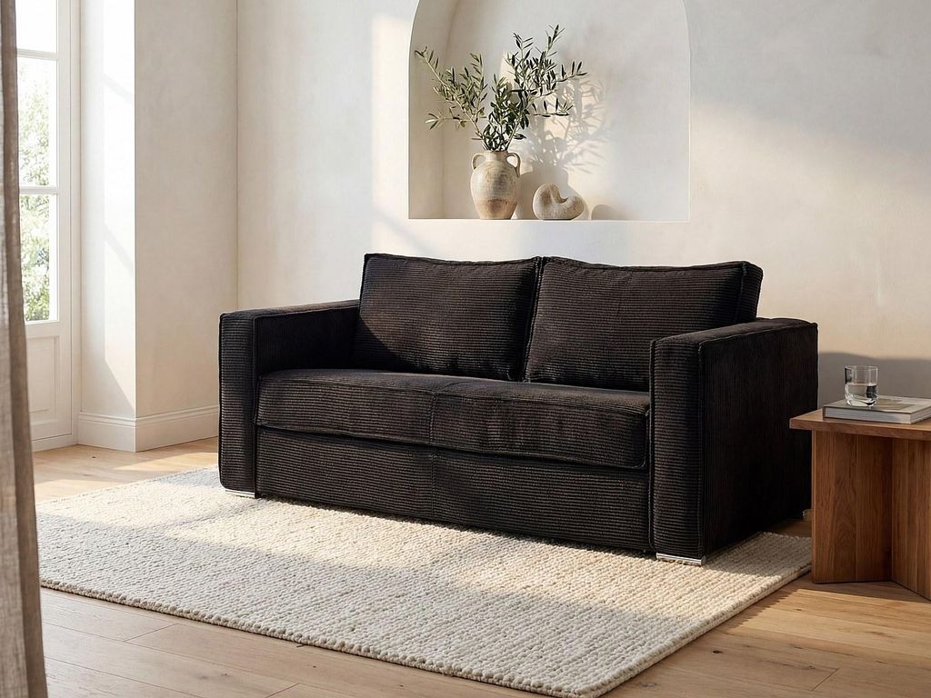 Schlafsofa mit Matratze 3-Sitzer - Cord - Schwarz - Liegefläche 140 cm - Matratze 22 cm mit Memory-Schaum - LORETO