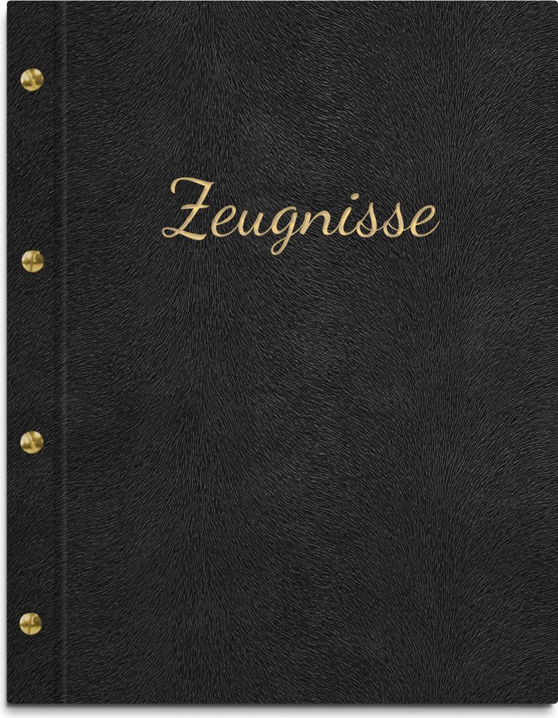 Zeugnismappe im schwarzen Einband in Felloptik, mit hochwertiger Beschriftung in gold – handgefertigte Mappe inkl. 12 Sichthüllen