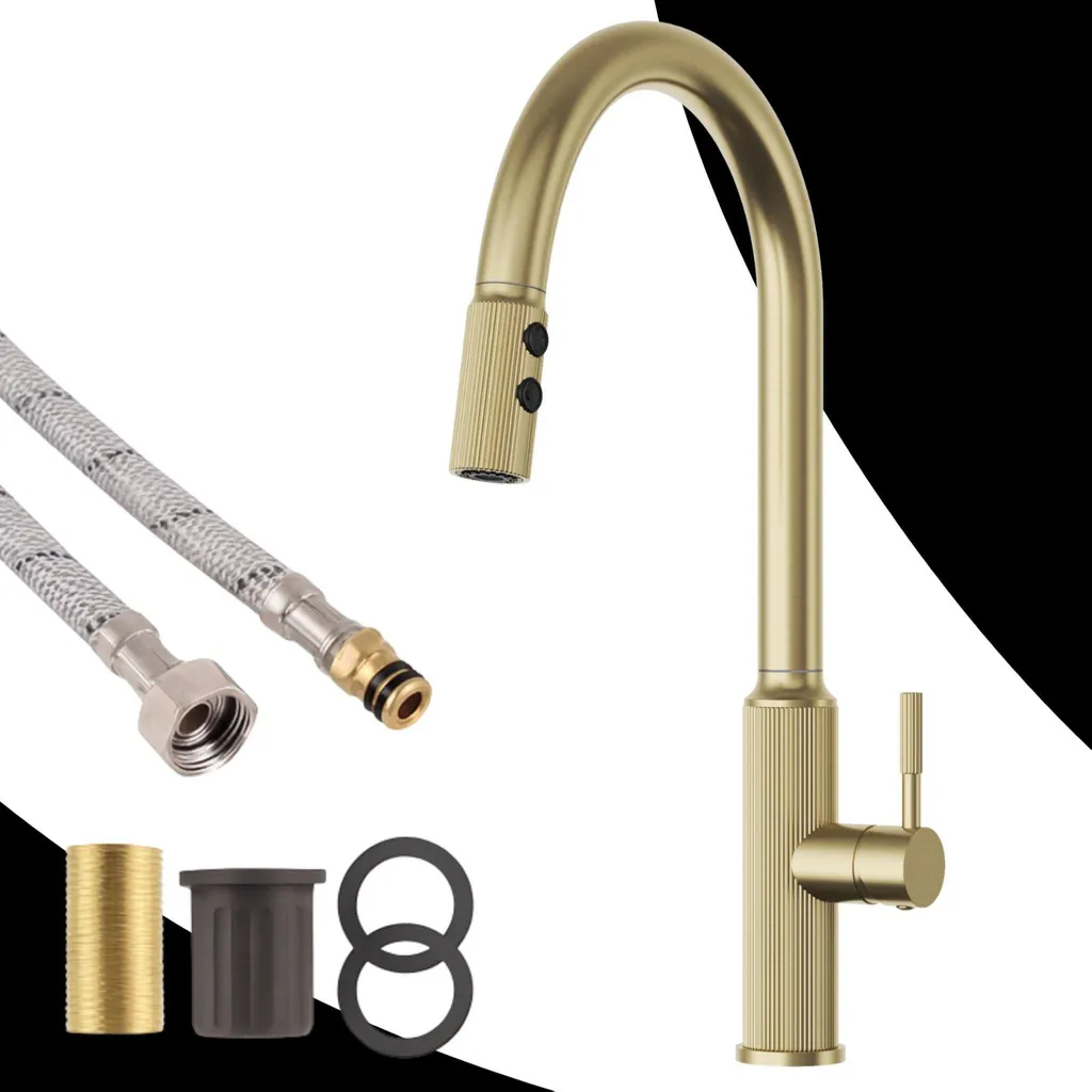 Robinet cuisine douchette abaissement et bec flexible or LUNA - 4
