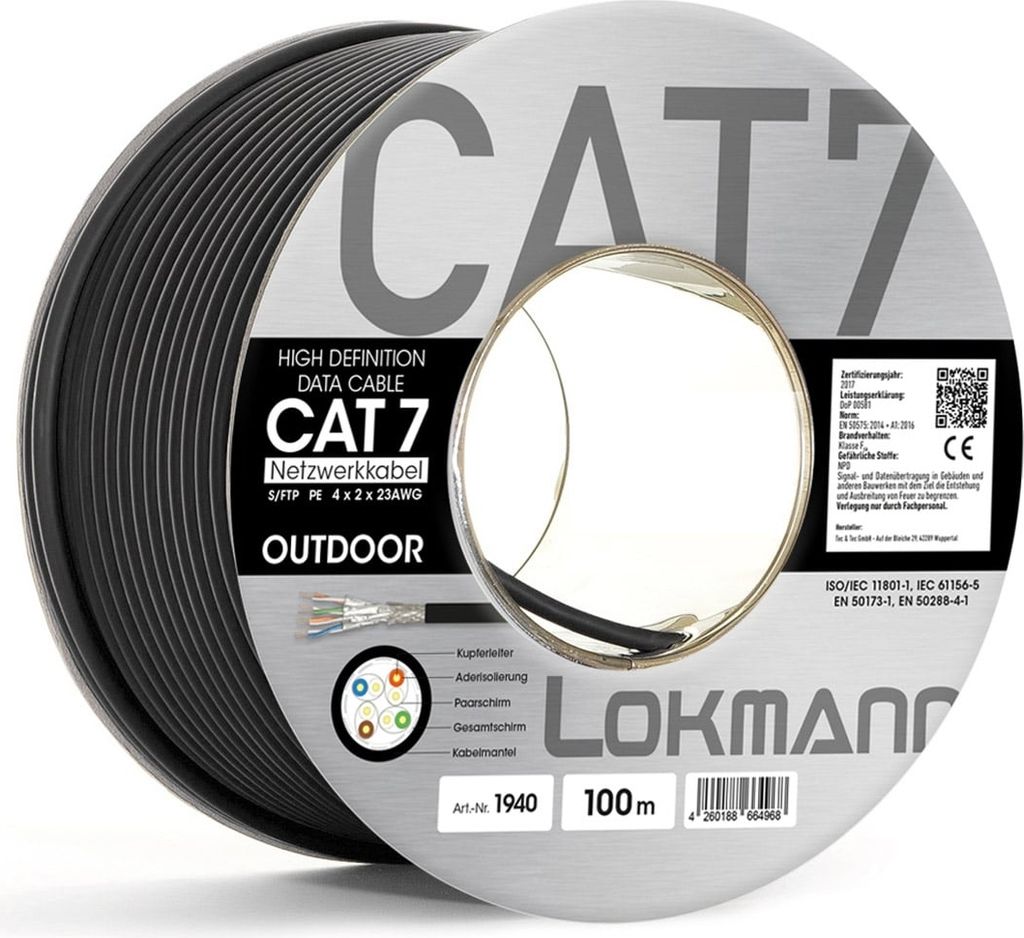 Lokmann Outdoor Netzwerkkabel CAT7 100m (600 MHz, S/FTP, PIMF, AWG 23/1, Schwarz)