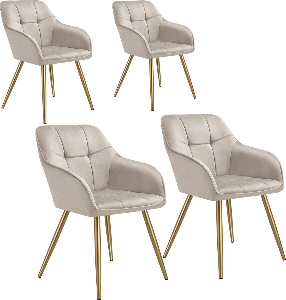 Four beige upholstered dining chairs with gold legs are arranged in a grid against a white background.