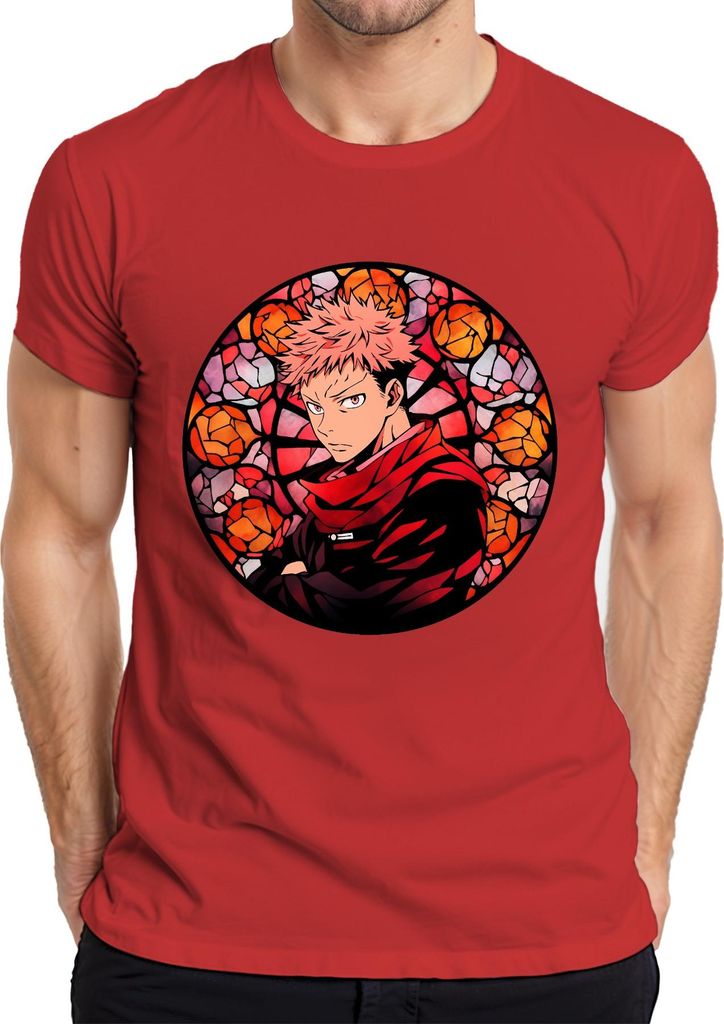 Itadori Jujutsu Kaisen Anime roter Schal Glasfenster Gothic Herren T-Shirt, Rot, XXL