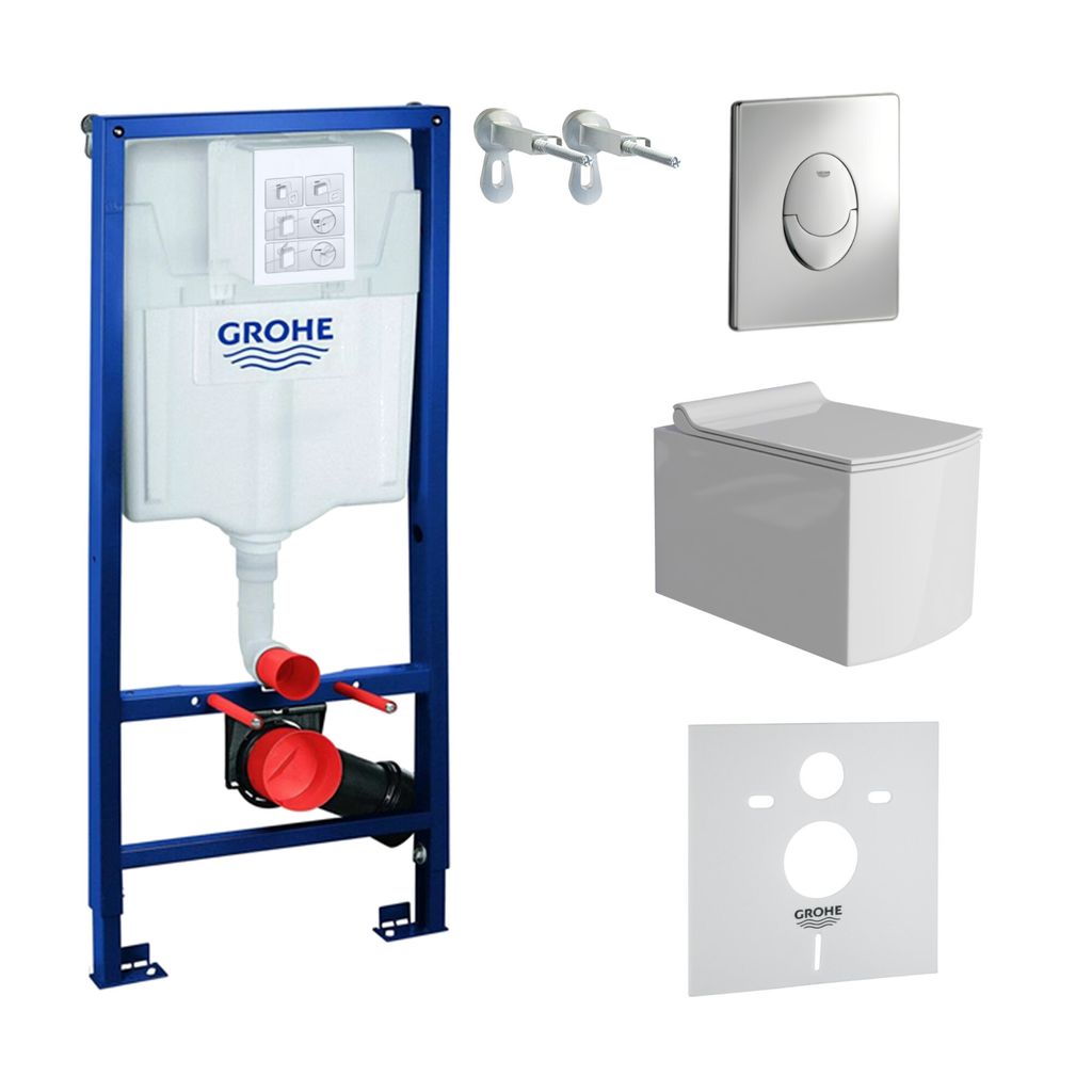 GROHE Vorwandelement Solido Start + Wand Hänge WC Fago Weiß Spülrandlos + WC-Sitz SoftClose | Verchromter Knopf | Komplettset | Unterputz Spülk...