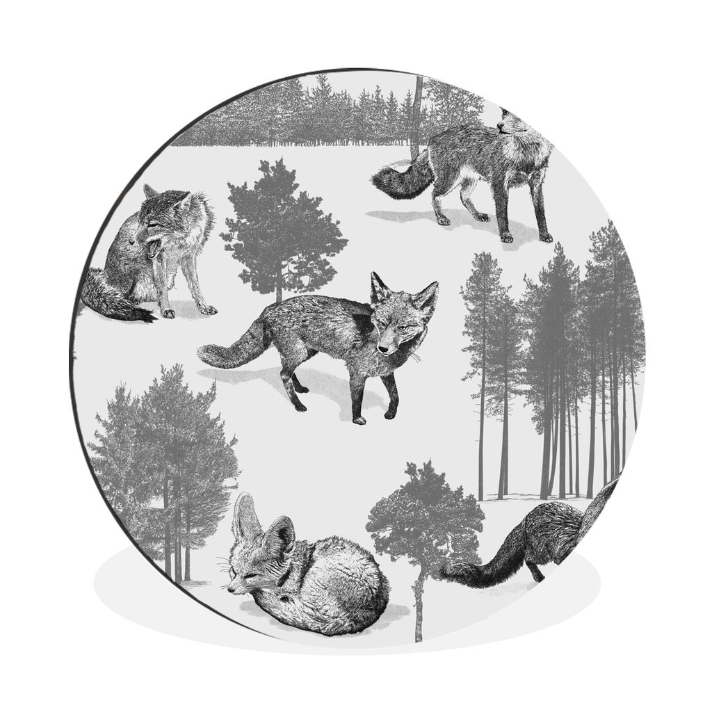 MuchoWow Aluminium Wandkreis Muster von Füchsen und Bäumen - schwarz und weiß Ø 30 cm Wanddeko Modern Wohnzimmer - Wand Bild - Wohnzimmer - R...