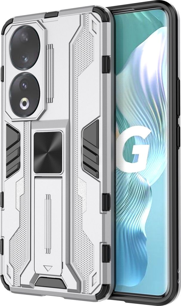 Honor 90 Hülle, Dual Layer PC TPU Bumper Stoßfest Ständer Schutzhülle für Honor 90 Silber