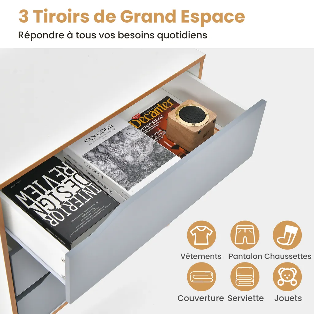 Commode 3 tiroirs avec poignées intégrées et sécurité anti-basculement - 2