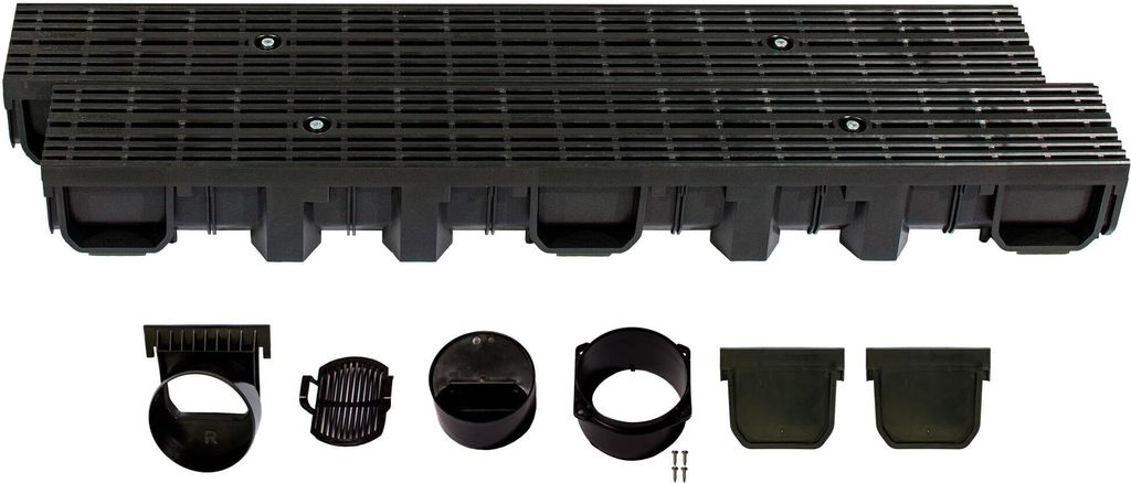 Entwässerungsrinne Höhe 115mm Kunststoff 2m, Längsstabrost, Schwarz