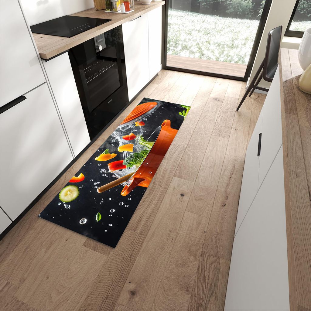 Küchenteppich 60x180cm rutschfest & abwischbar PVC Läufer - Kochtopf mit Gemüse