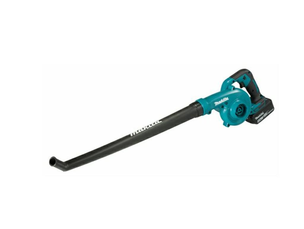 A teal and black Makita leaf blower is shown against a white background.