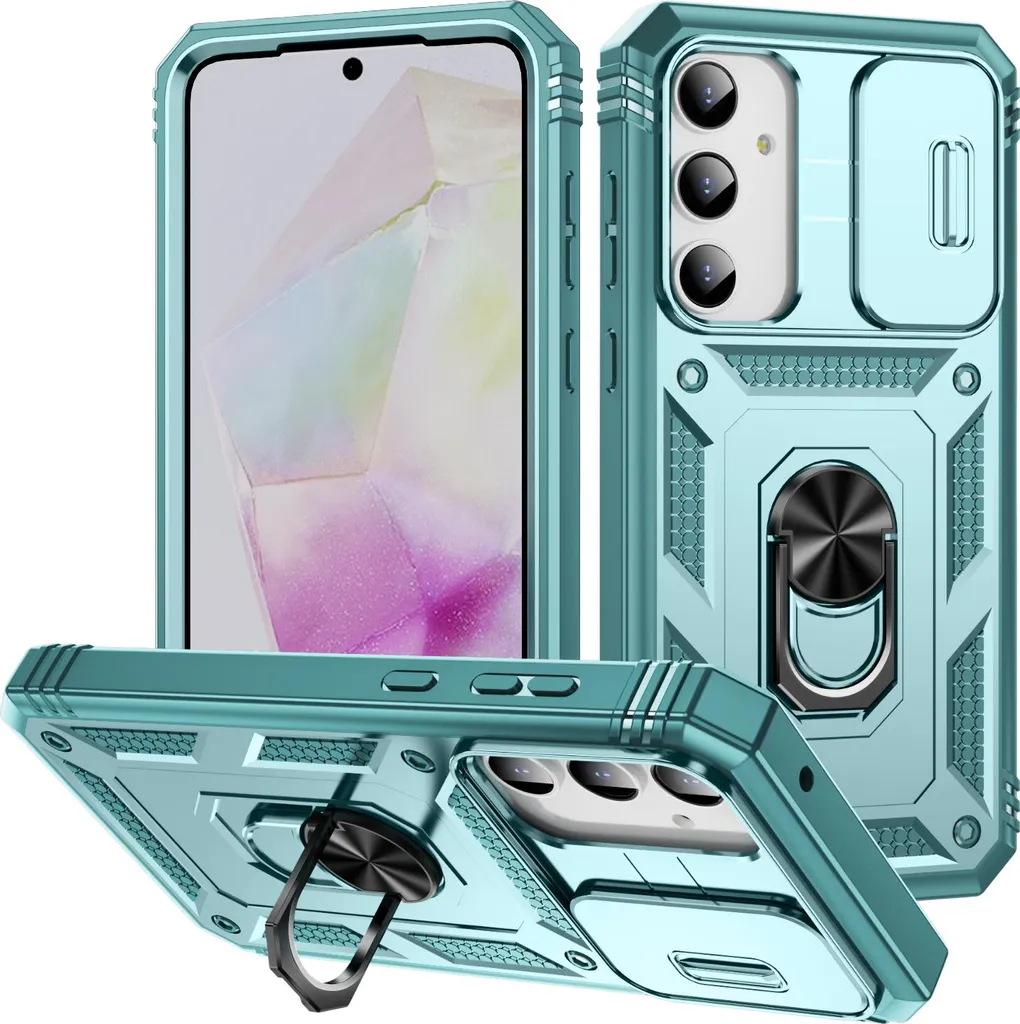 Custodia per Samsung Galaxy A35 protezione fotocamera scorrevole, robusta antiurto, con supporto ad anello, supporto e porta carte verde