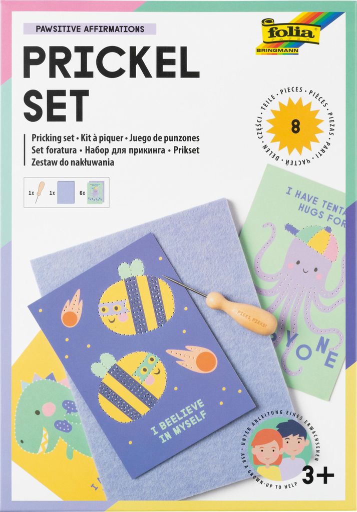 The image shows the packaging of a 'Prickel Set' with various craft supplies and examples of finished projects.