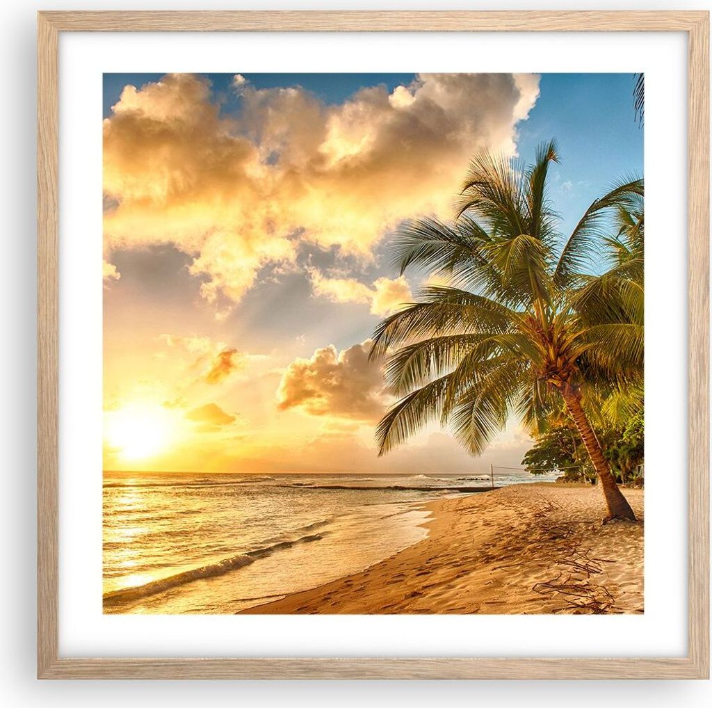 Gerahmtes Poster - Rahmen in heller Eiche - Strand Meer Palme - 50x50 cm - Wand Bild - Wanddeko - Wandbilder - Wandposter - Bilderrahmen - Bilder -...