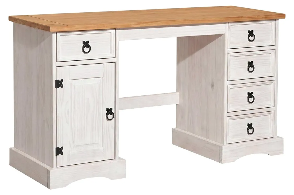 Bureau CORONA blanc cire 16334B - Bureau en pin massif style mexicain