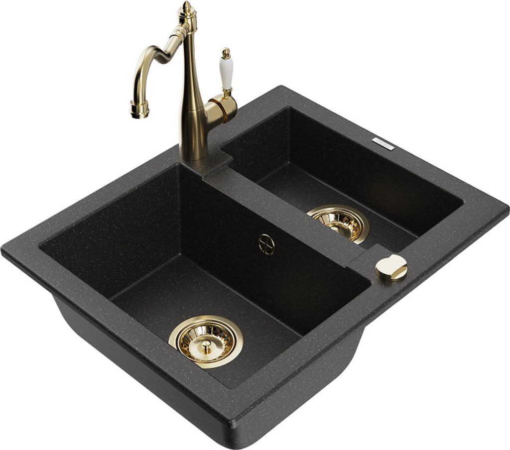 Mexen Carlos 1,5-Becken-Granitspüle mit Mischbatterie Carla, Schwarz/Silbermetallic - 6518-73-670700-50