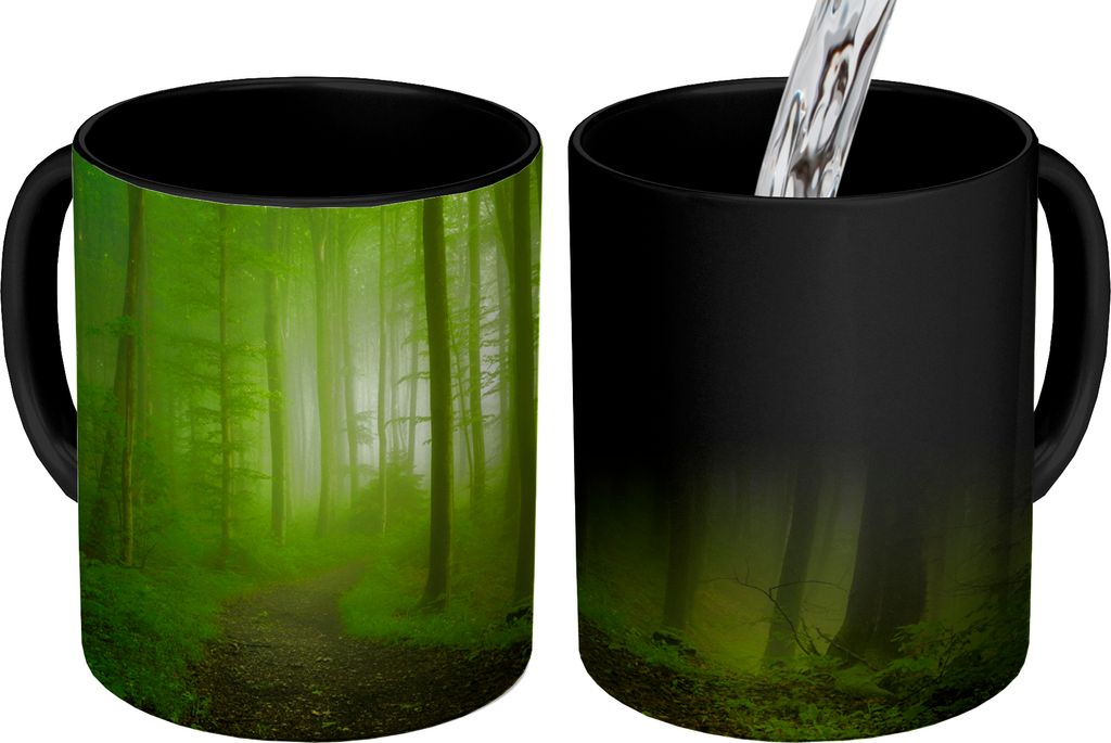 MuchoWow Zauber Tasse Zaubertasse Magic Waldweg - Bäume - Grün - Wald - Neblig - Natur - Pflanzen 350 ml Farbwechsel Becher Geschenk Geschenkid...