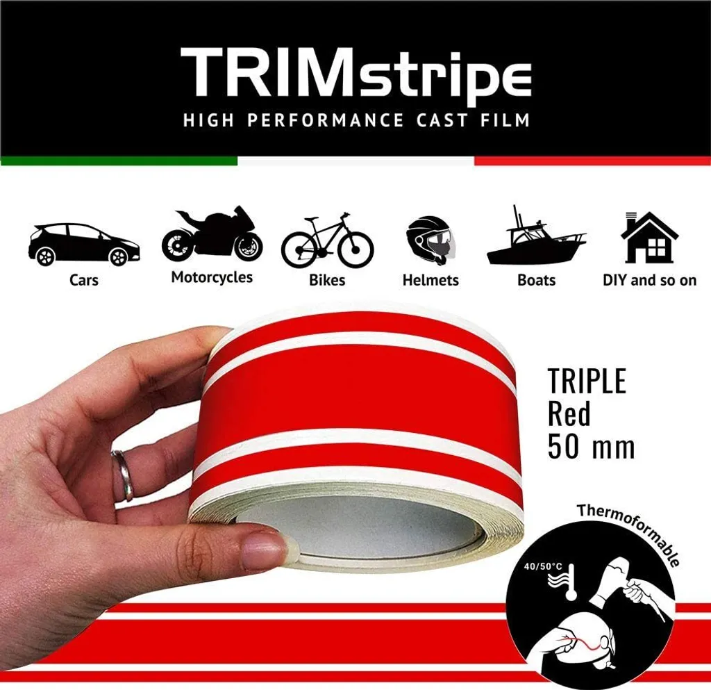 Liseret adhésif rouge 50 mm de 10m pour tuning et personnalisation