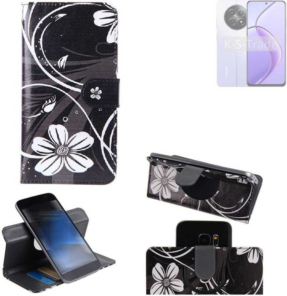 K-S-Trade Schutzhülle Handyhülle kompatibel mit Realme 12x 5G India Hülle 360° Wallet Case “Flowers“ Klapphülle Hülle schwarz-weiß 1x