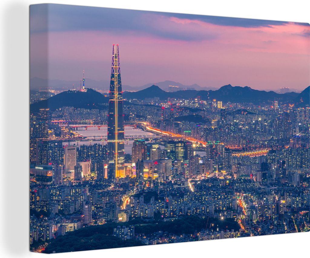 OneMillionCanvasses - Leinwandbilder - 140x90 cm, Ein Luftbild von Seoul mit dem Lotte World Tower, Wandbilder Kunstdruck Wanddekoration - Foto a...