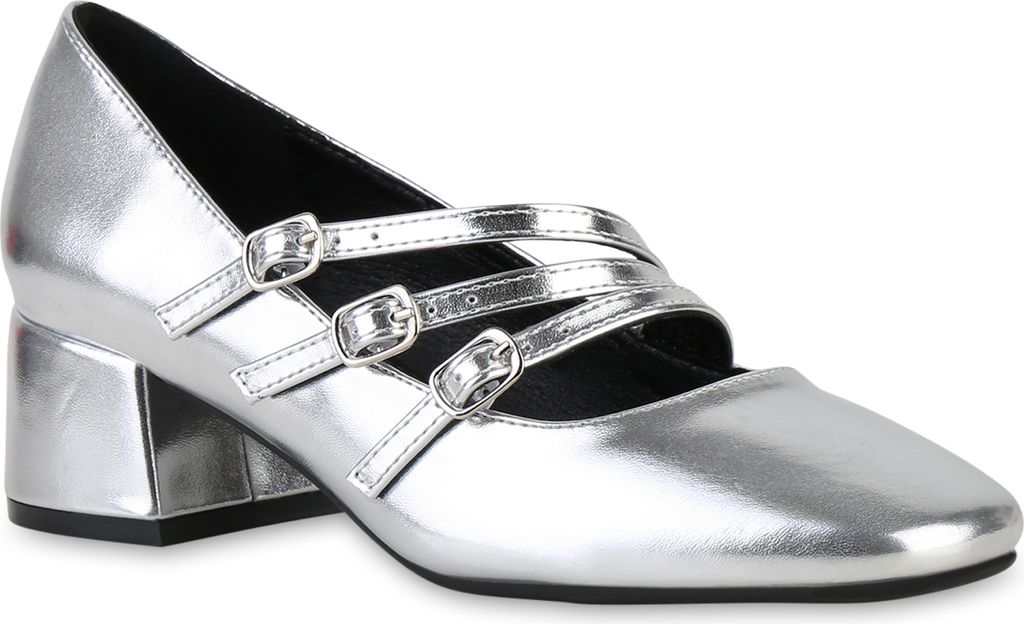 VAN HILL Damen Mary Janes Pumps Klassische Metallic Elegante Schuhe 841478, Farbe: Silber, Größe: 37